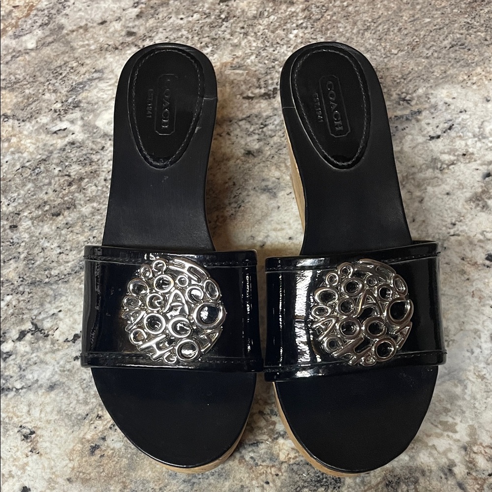 Coach Judith Black Patent Leather Cork Wedge Sandals - Picture 10 of 12
